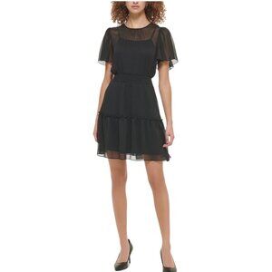 Karl Lagerfeld Paris NWT $129 Black Tiered Chiffon Dress Flutter Sleeves Size 14